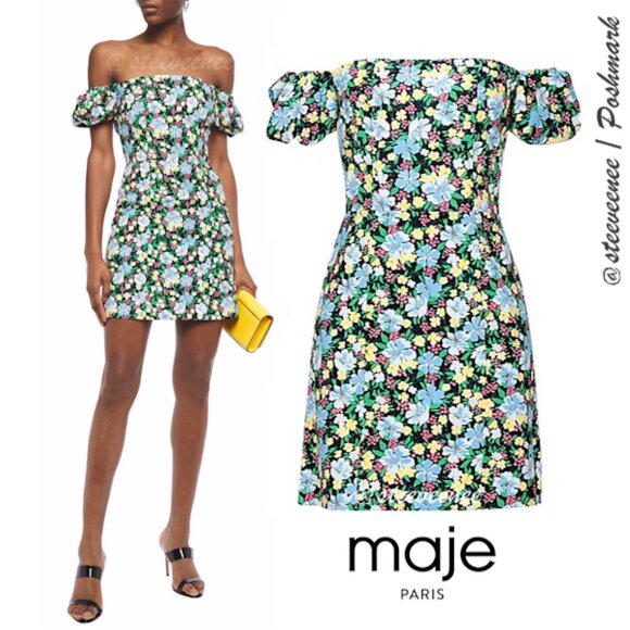 Maje Rapy Floral Off the Shoulder Dress ASO Emily in Paris - Picture 2 of 12